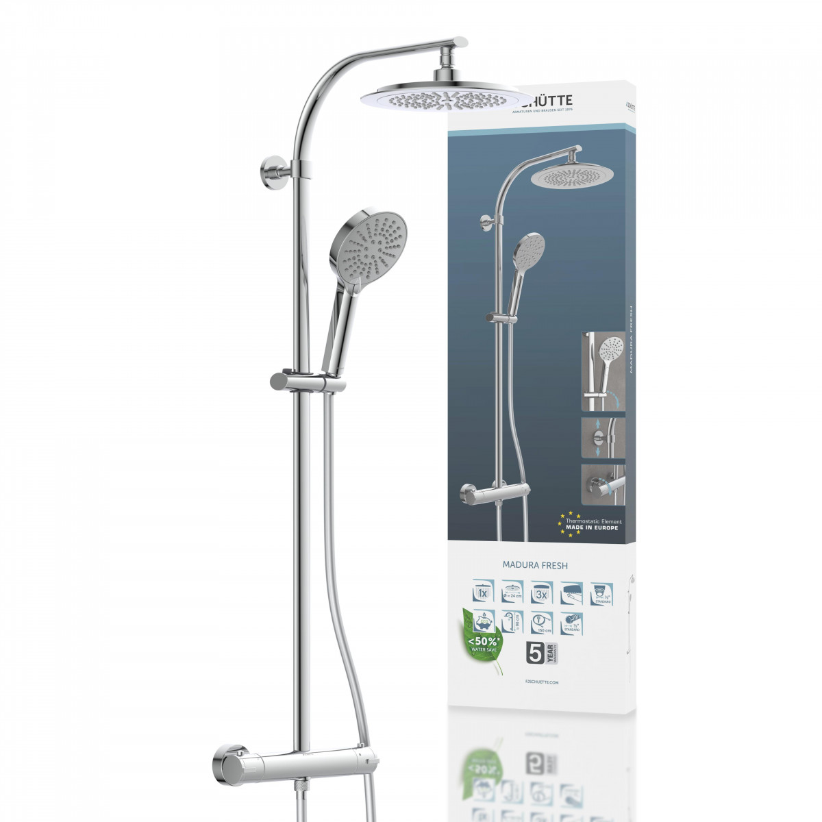 Duschsystem mit Regendusche, Handbrause und Thermostatarmatur neben Verpackung