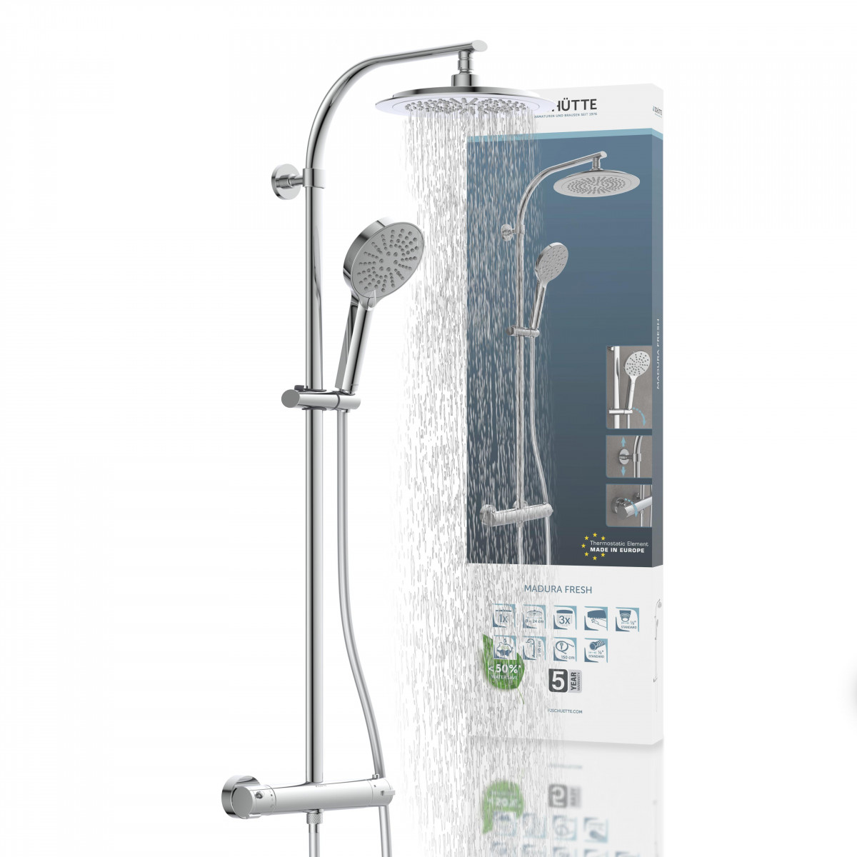 Duschsystem mit runder Kopfbrause, Handbrause und Thermostatarmatur – Madura Fresh
