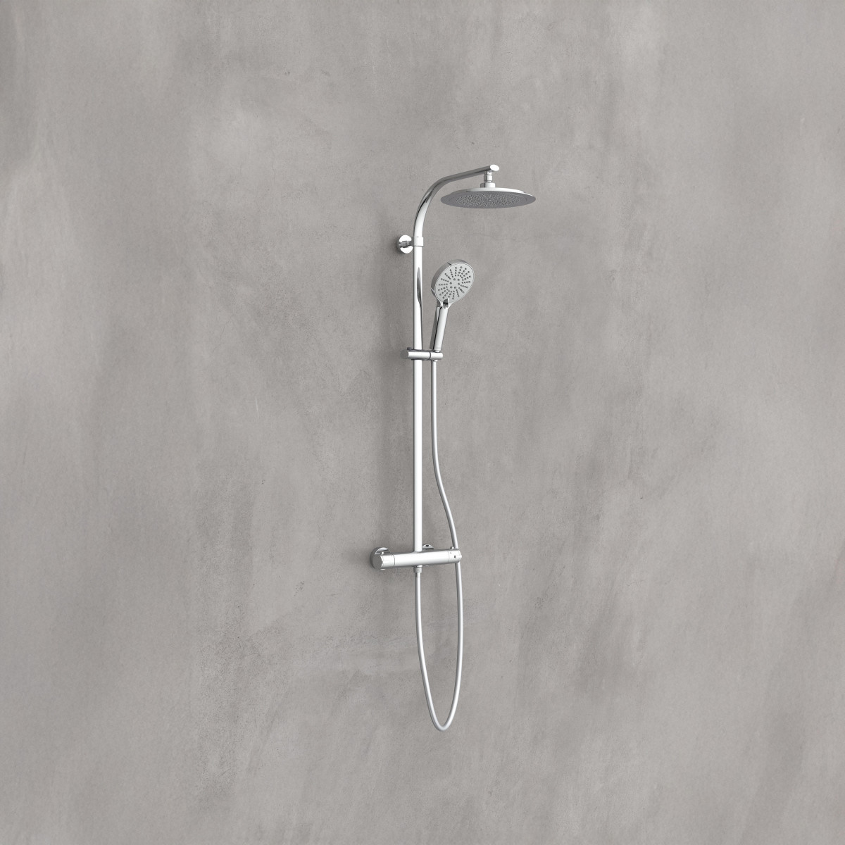 Chrom-Duschsystem mit Kopfbrause, Handbrause und Wandarmatur an grauer Wand