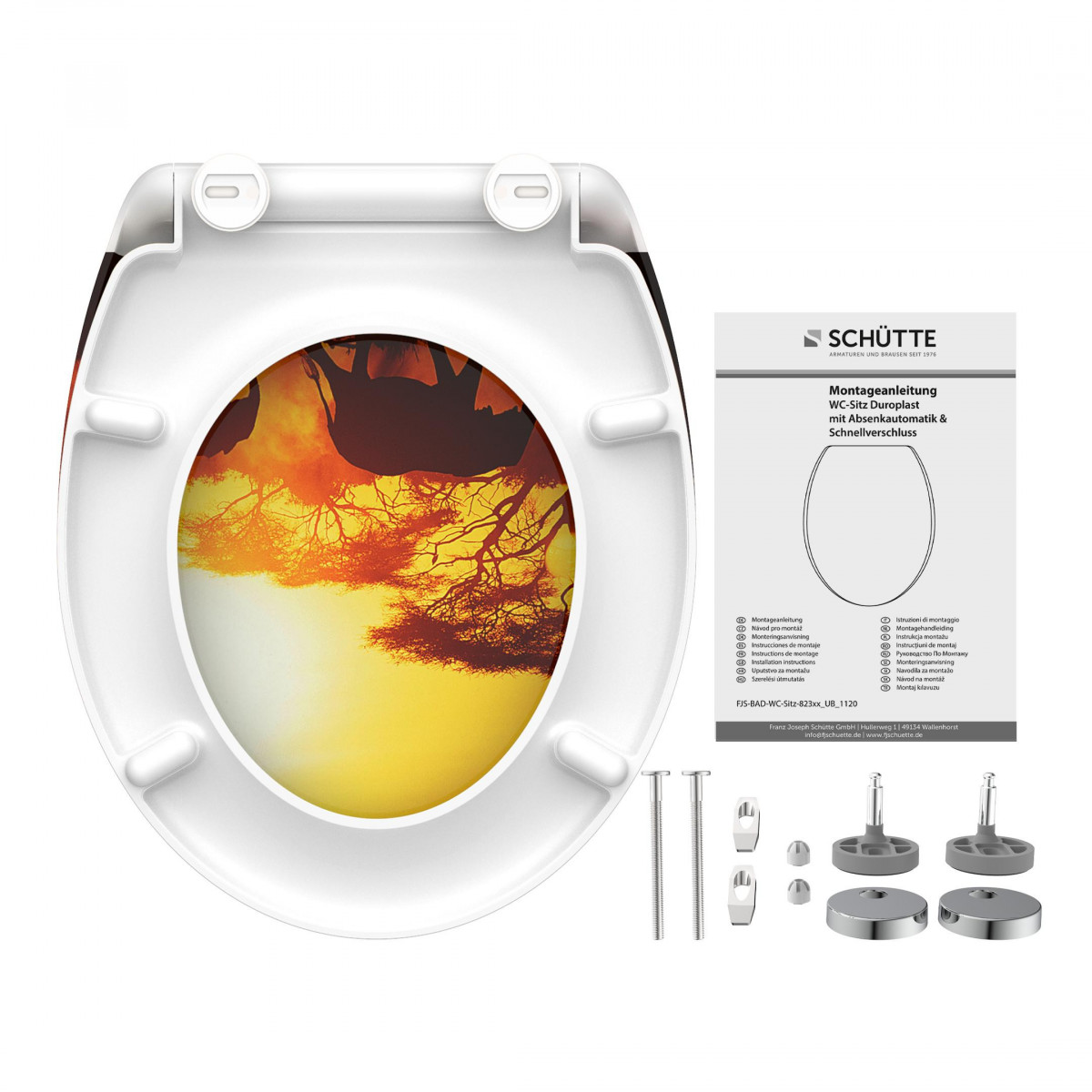 Weiße WC-Sitz-Unterseite mit Sunset-Motiv, Montagematerial daneben