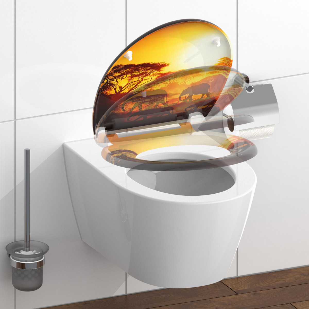Toilettensitz mit Savannenmotiv und Elefanten bei Sonnenuntergang montiert auf WC