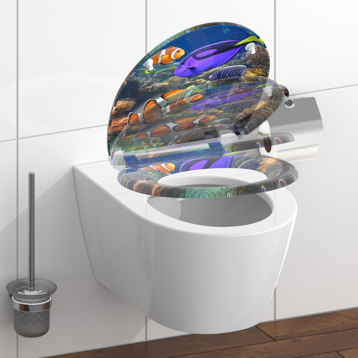 WC-Sitz mit Unterwasser-Motiv aus Fischen und Korallen, Deckel geöffnet