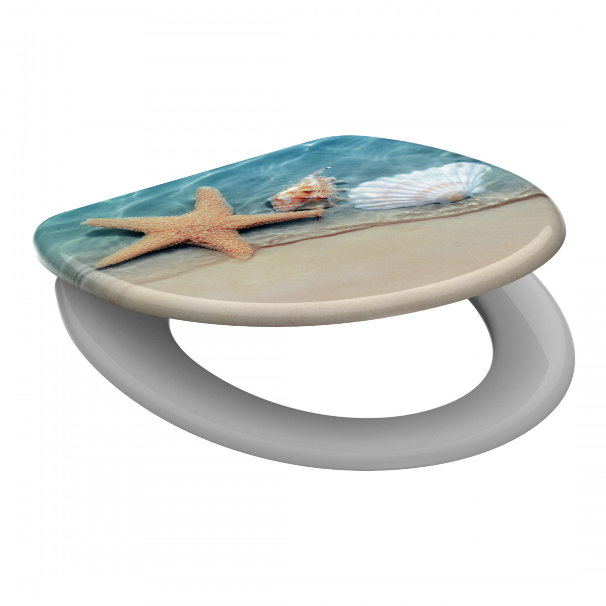 Weißer WC-Sitz mit Strandmotiv aus Seestern und Muscheln im flachen Wasser