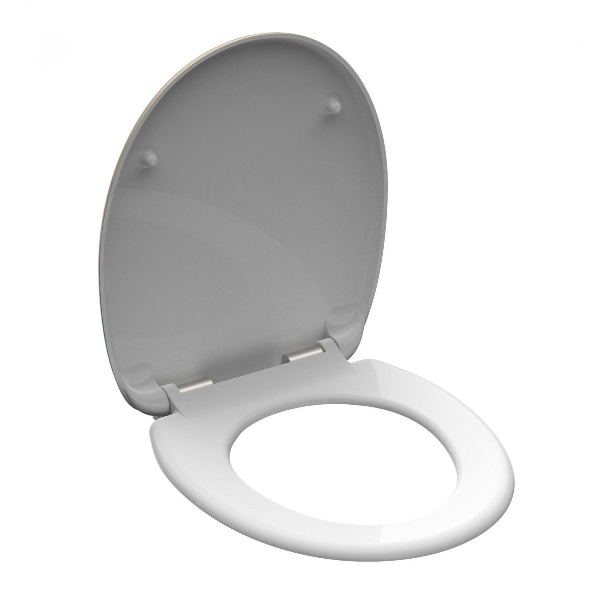 Weißer Toilettensitz mit geöffnetem Deckel und sichtbaren Scharnieren.