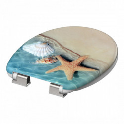 Toilettensitz mit Strandmotiv aus Sand, Muscheln und Seestern, Metallbefestigung sichtbar