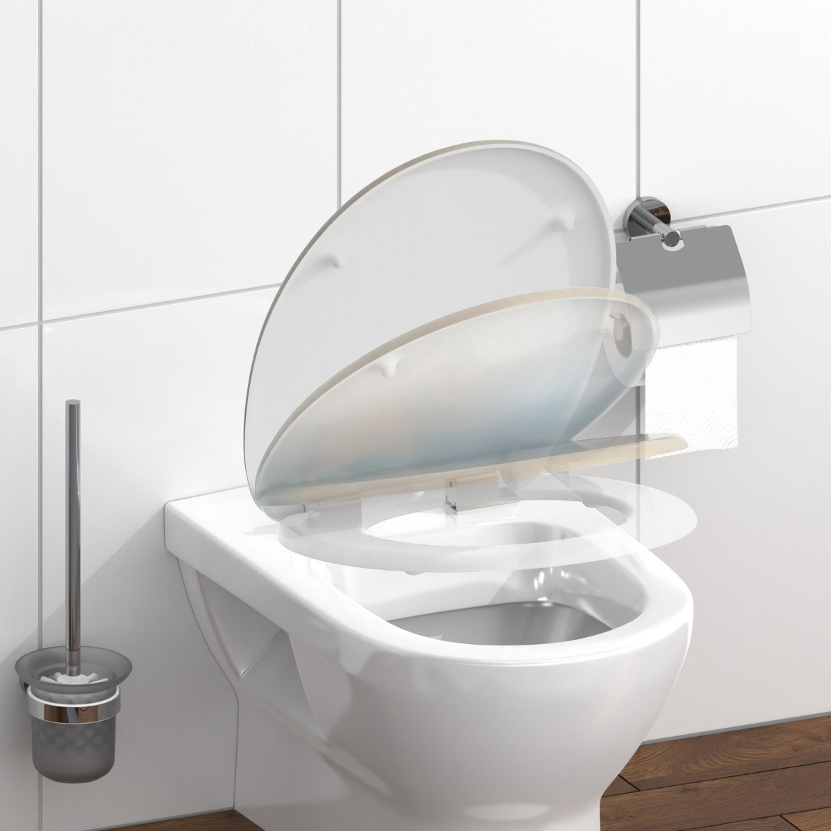 Wandhängendes WC mit geöffnetem Toilettensitz und Deckel in Absenkbewegung.