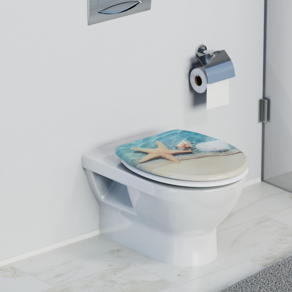 Wand-WC mit Toilettensitz in Strandmotiv und verchromtem Toilettenpapierhalter