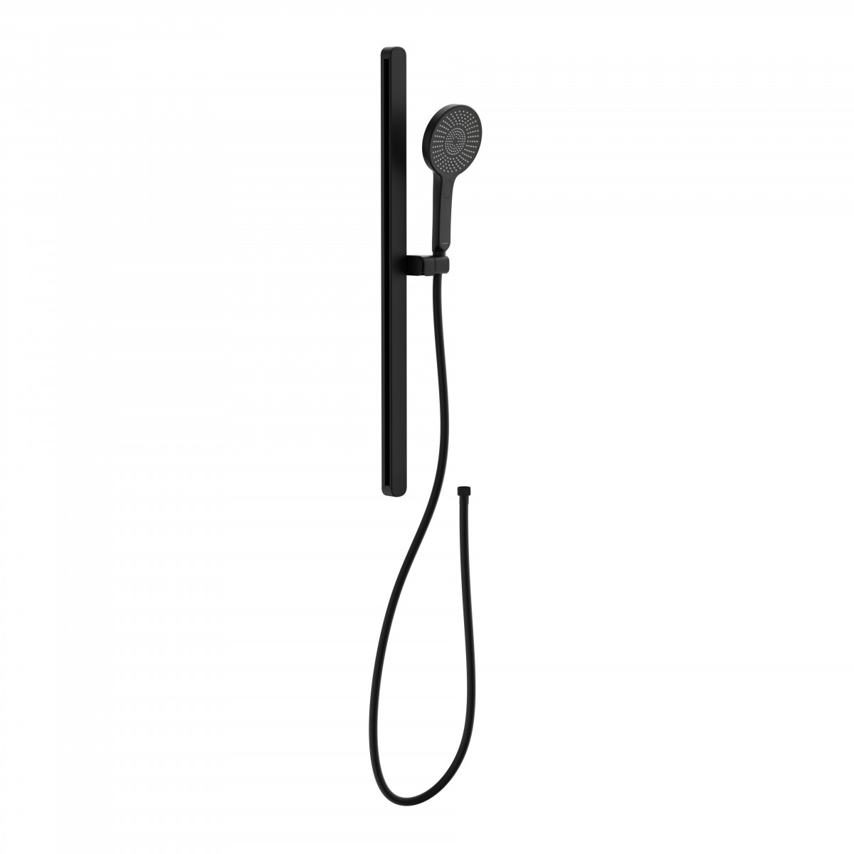 Schwarze Handbrause mit langer Brausestange und flexiblem Duschschlauch.