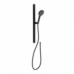 Schwarze Handbrause mit Wandstange und flexiblem Duschschlauch.