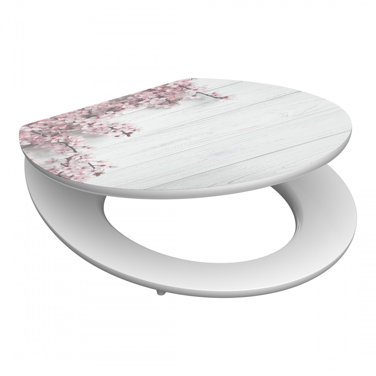 Runder WC-Sitz mit Deckel in Holzoptik und rosa Blütenmuster auf weißem Hintergrund.