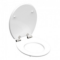 Weißer WC-Sitz mit Deckel und silbernen Metallscharnieren in geöffneter Position.