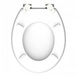 Weißer ovaler Toilettensitz mit Metall-Scharnieren in Ansicht von unten.