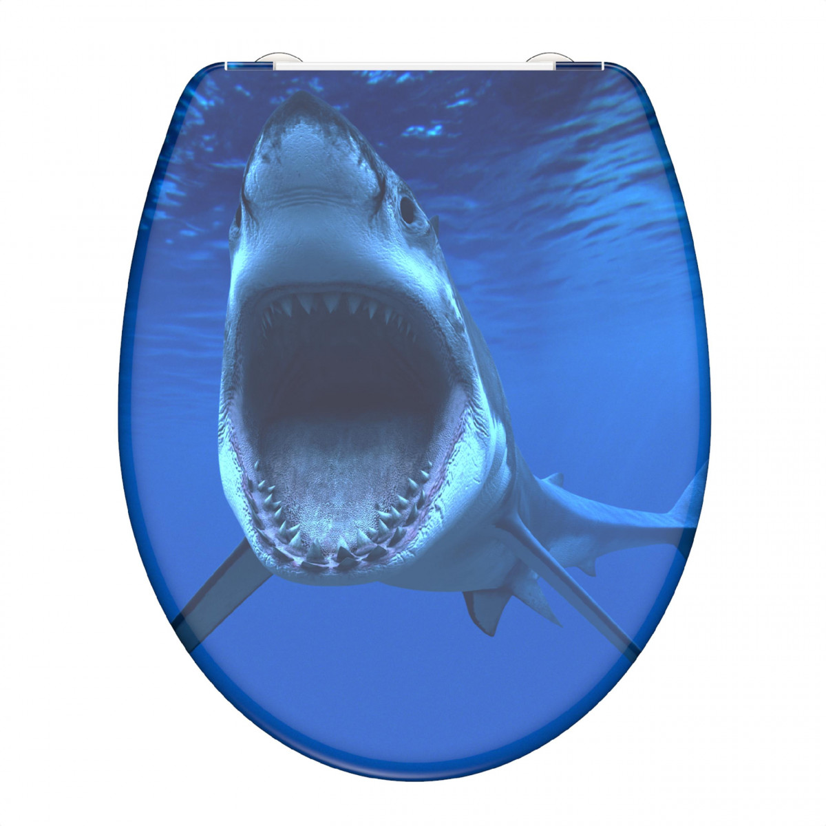Toilettensitz mit blauem Hai-Motiv unter Wasser, Maul geöffnet.