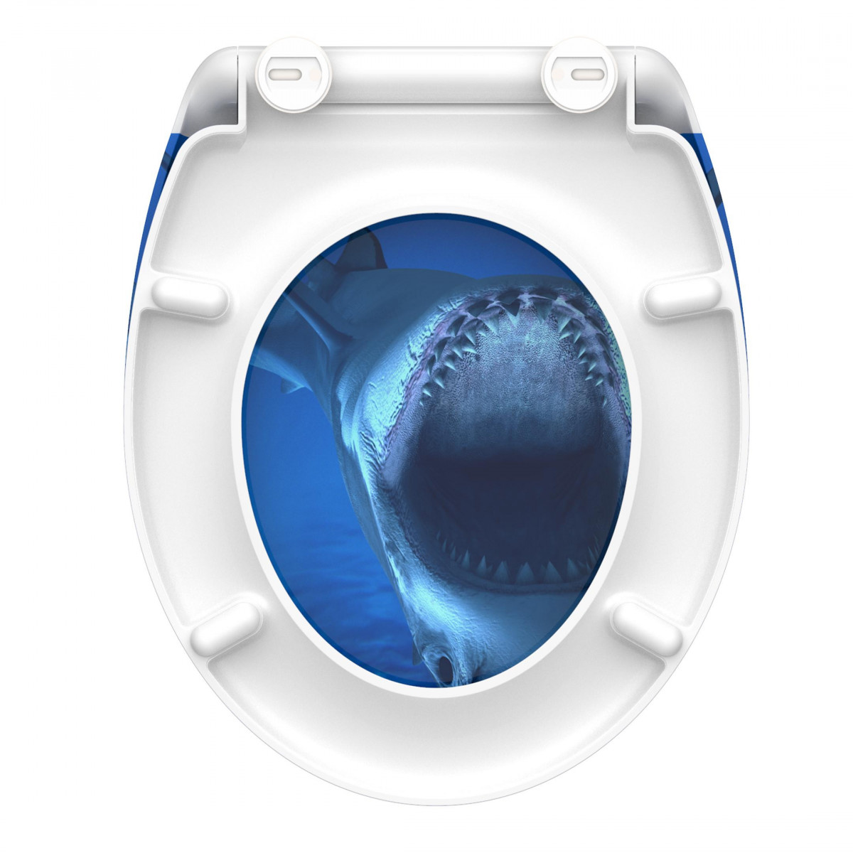 Weiße Toilettenbrille mit hochgeklapptem Deckel und Hai-Motiv im Inneren.