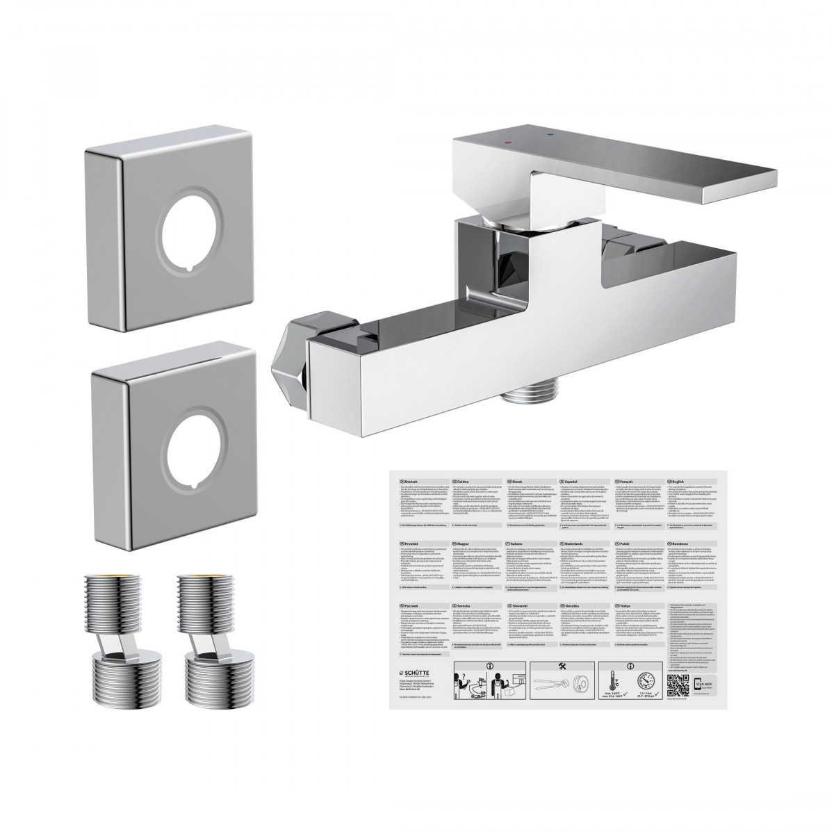 Chromfarbene Badewannenarmatur mit Hebelgriff, zwei Abdeckplatten, Anschlüssen und Anleitung.