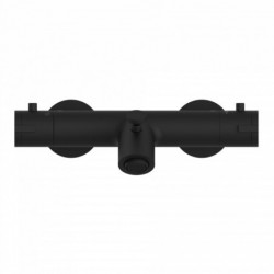 Schwarze Duscharmatur mit zwei Drehreglern und mittlerem Wasserauslass.