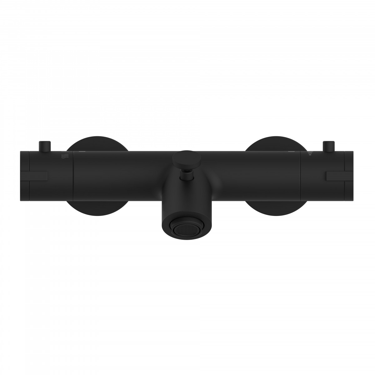 Schwarze Duscharmatur mit zwei Drehreglern und mittlerem Wasserauslass.