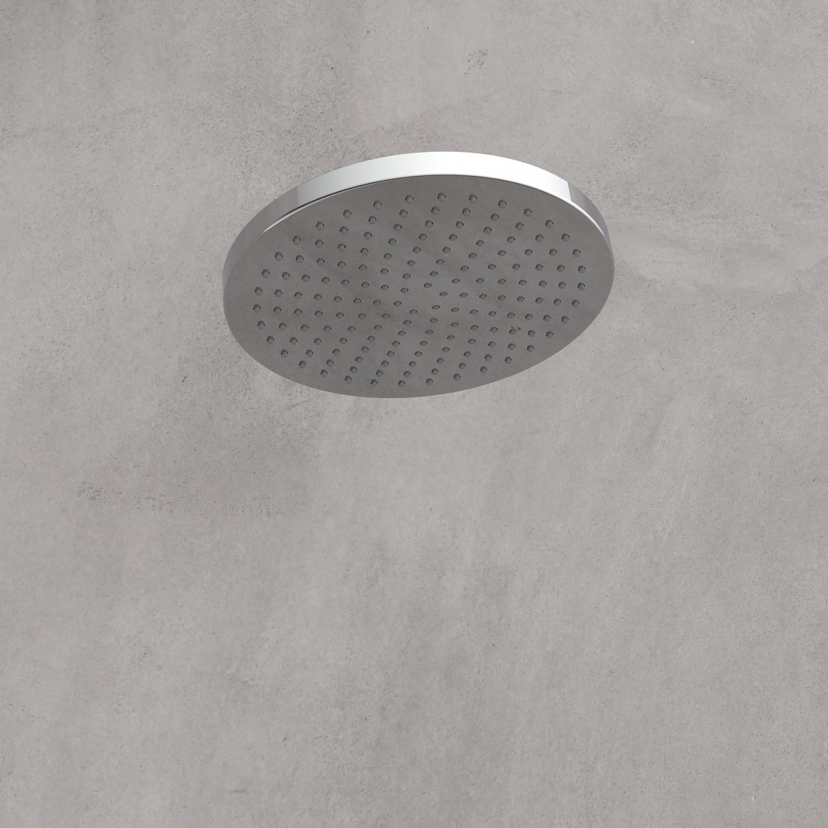 Runder Duschkopf aus Metall mit vielen Düsen, an der Decke montiert.