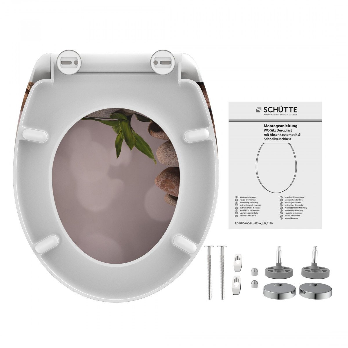 Unterseite eines weißen WC-Sitzes mit Scharnieren und Montagematerial.