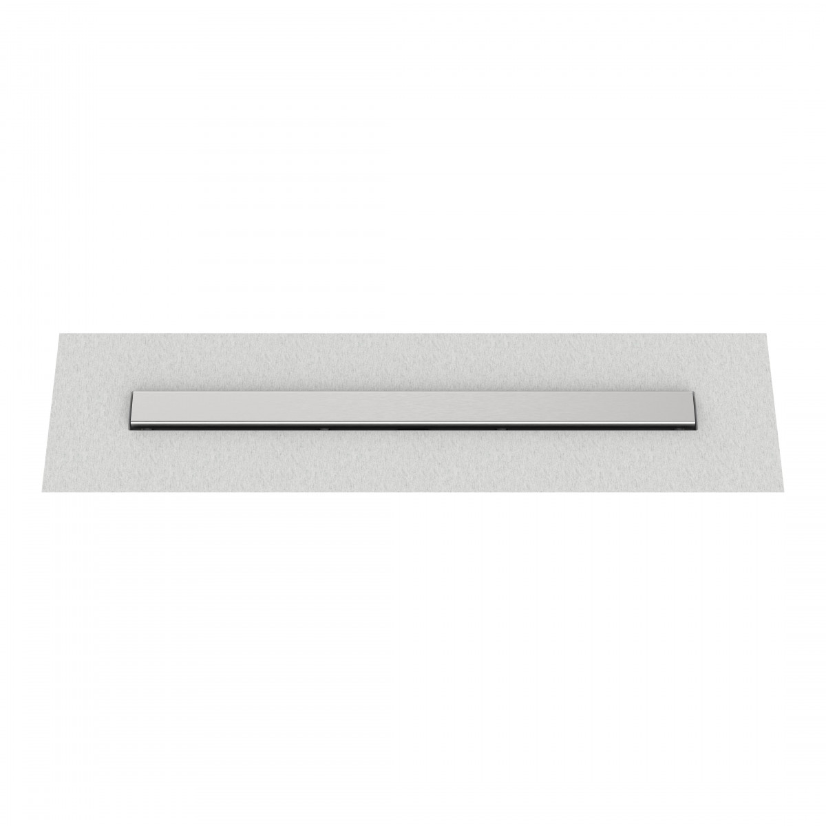 Lange, schmale Metallleiste in Edelstahloptik, horizontal an grauer Wand montiert
