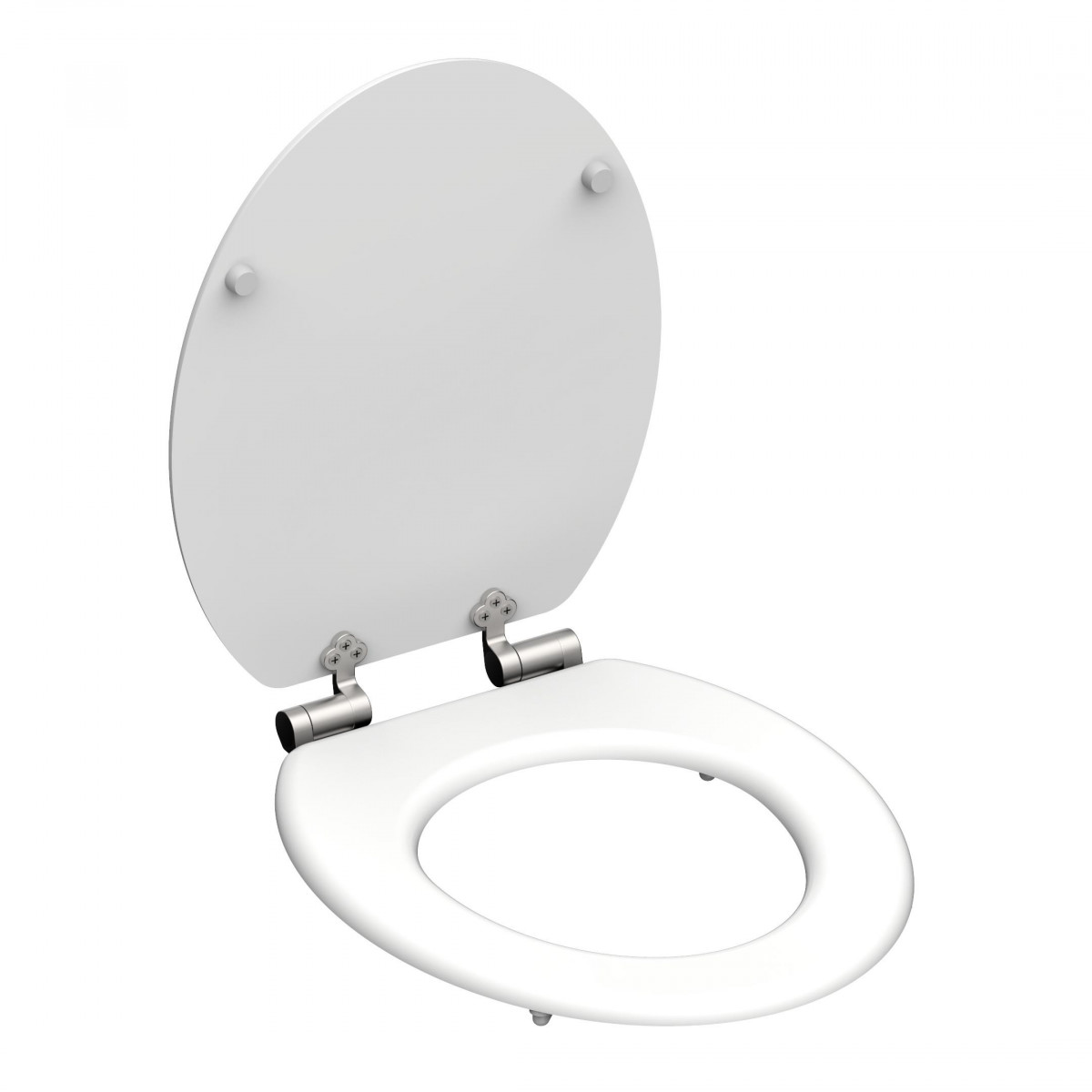 Weißer Toilettensitz mit geöffnetem Deckel und silberfarbenen Metallscharnieren.