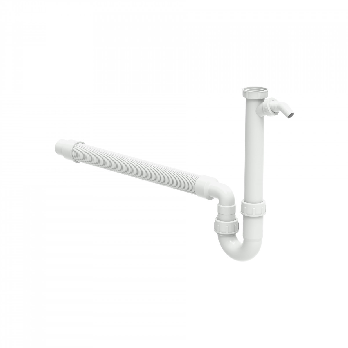 Weißer Kunststoff-Siphon mit U-Rohr, Ablaufrohr und flexiblem Schlauch.