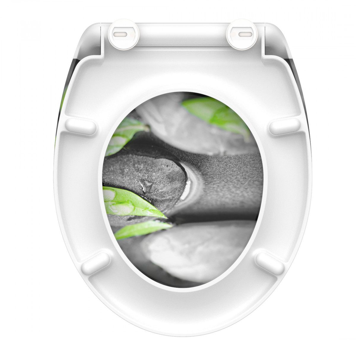 Weißer Toilettensitz mit Motiv aus Steinen und grünen Blättern, Scharniere sichtbar