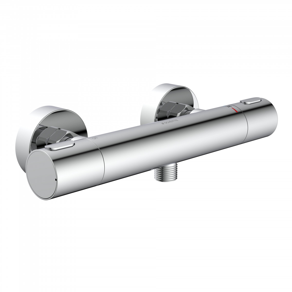 Verchromte Duscharmatur mit Thermostat, Wandmontage und untenliegendem Anschluss.