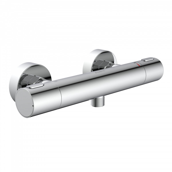Verchromte Duscharmatur mit Thermostat, Wandmontage und untenliegendem Anschluss.