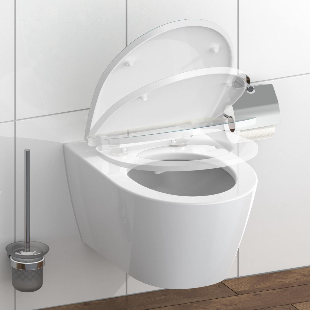 Wand-WC mit hochgeklapptem Sitz und Glasablage mit Toilettenpapierhalter