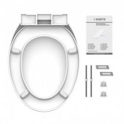 Weißer WC-Sitz mit Scharnier und Montagematerial aus Schrauben, Platten und Dübeln