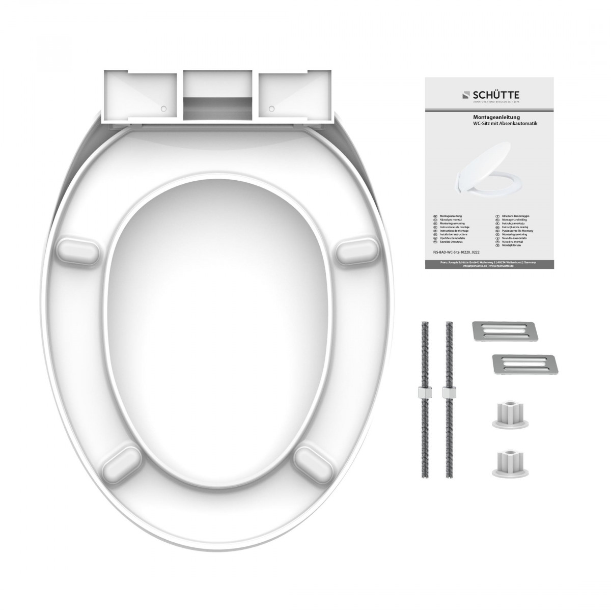 Weißer WC-Sitz mit Scharnier und Montagematerial aus Schrauben, Platten und Dübeln