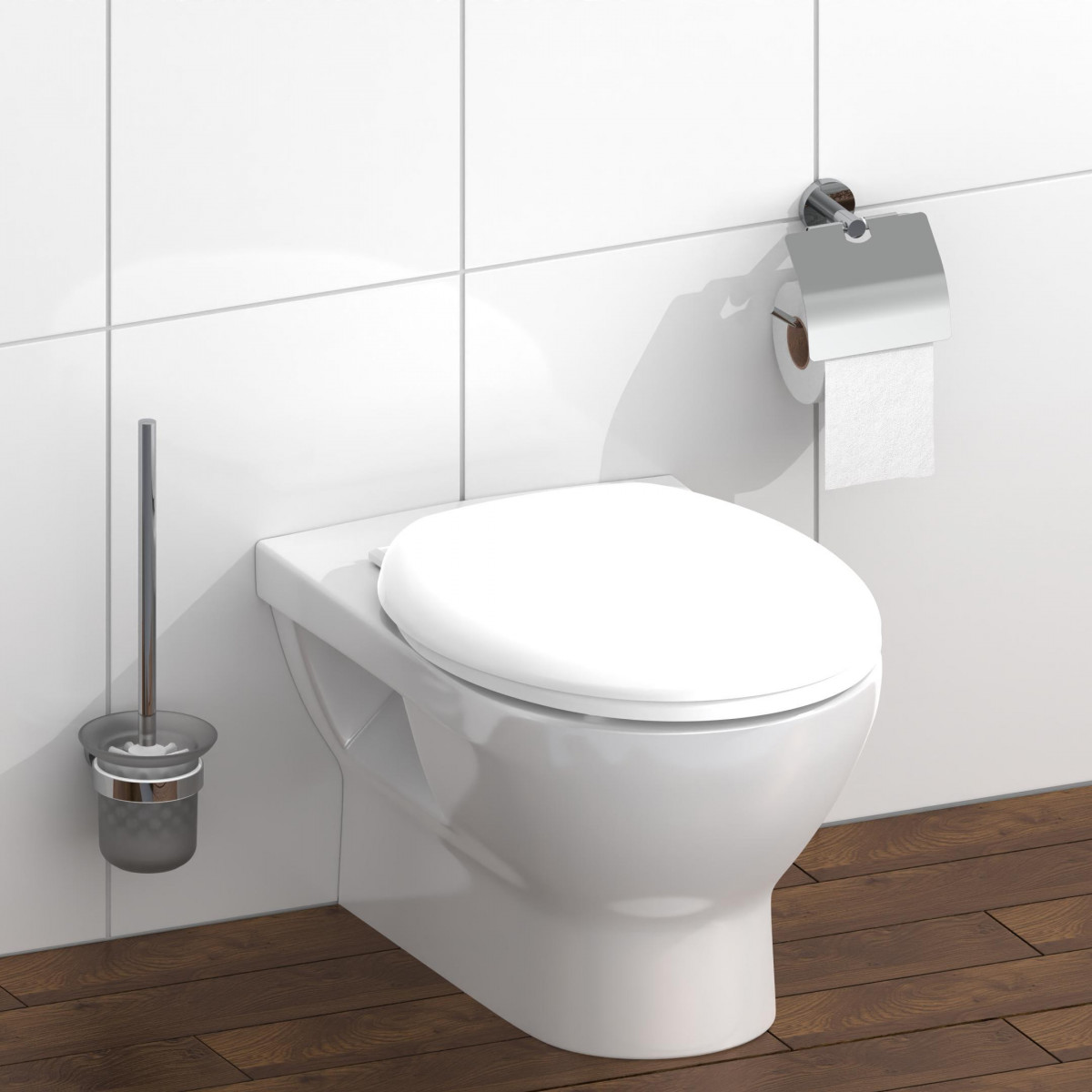 Wandhängendes WC mit geschlossenem Deckel, Papierhalter und Bürstengarnitur