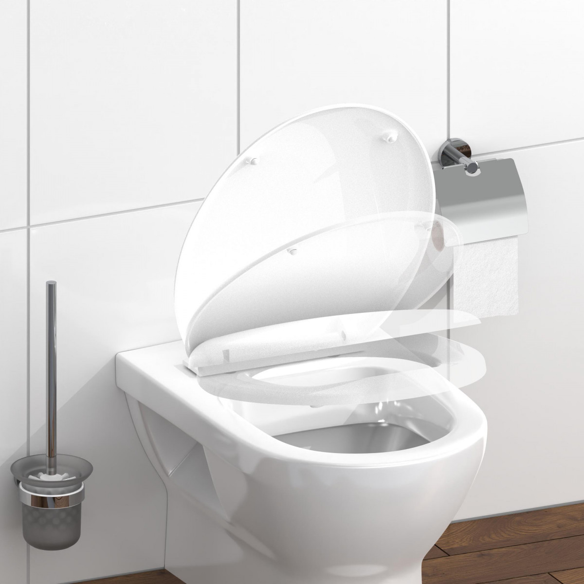 Weißes Wand-WC mit hochgeklapptem WC-Sitz und Deckel in Bewegungsdarstellung.