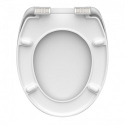 Unterseite eines weißen WC-Sitzes mit Scharnieren und Puffern