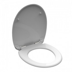 Weißer WC-Sitz mit geöffnetem Deckel und silbernen Scharnieren.