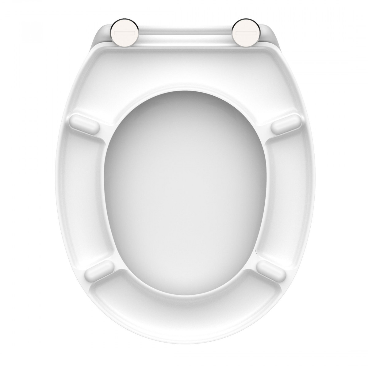 Unterseite eines weißen Toilettensitzes mit Scharnieren und vier Puffern.