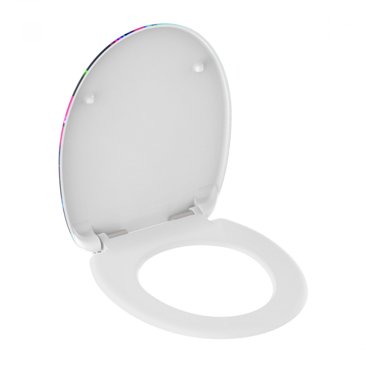 Weißer Toilettensitz mit geöffnetem Deckel und sichtbaren Scharnieren.