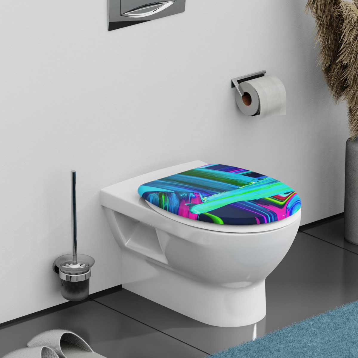 WC mit Toilettensitz in Blau, Grün und Pink sowie Wandhalter und Bürste