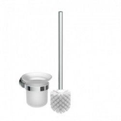 Wandmontierte WC-Garnitur mit Glasbehälter und Bürste mit Metallgriff.
