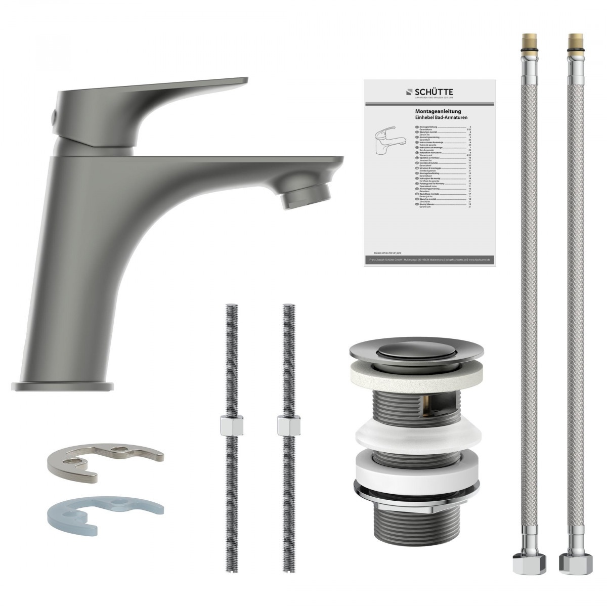 Einhebel-Waschtischarmatur in Grau mit Zubehör, Montagematerial und Anleitung.