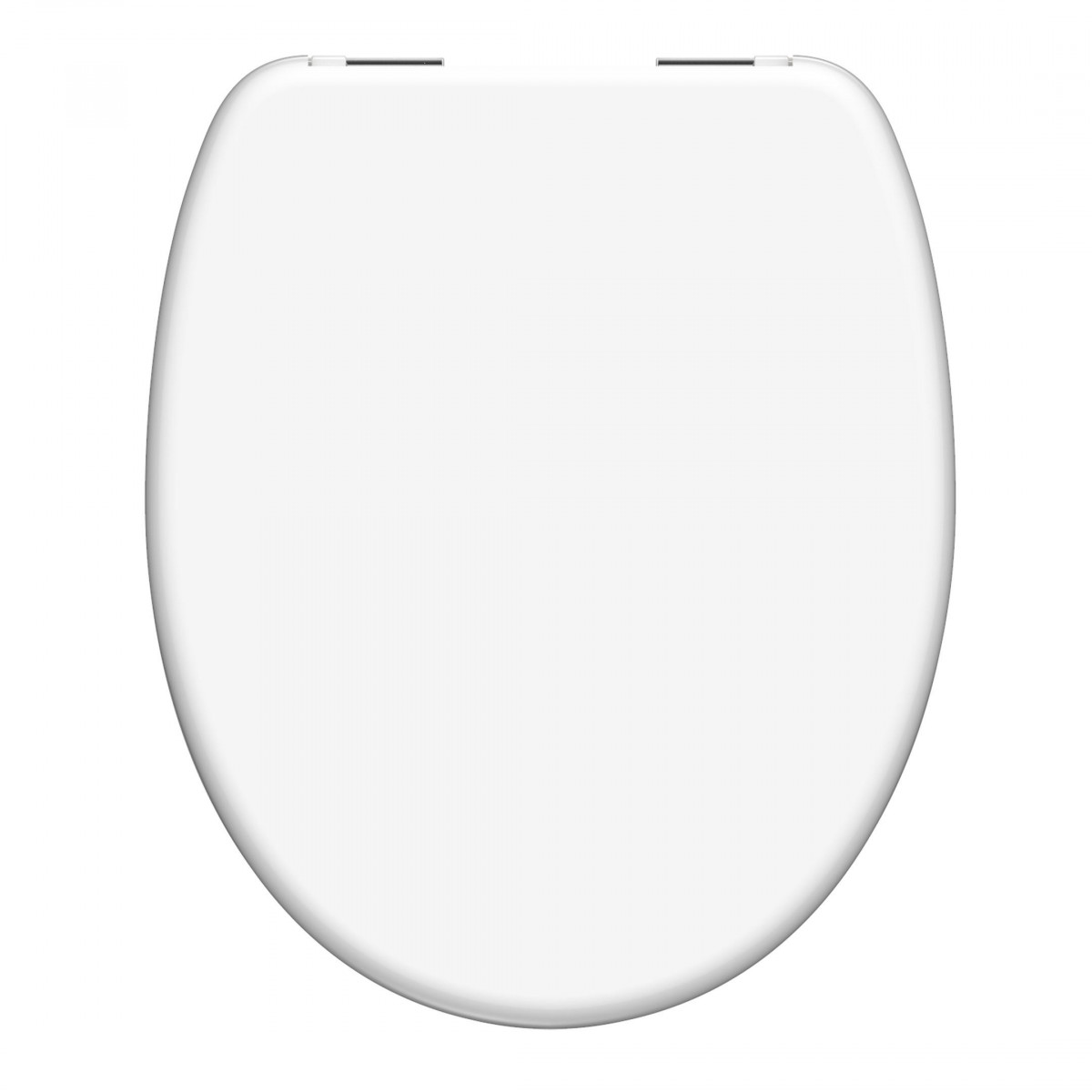 Weißer WC-Sitz mit ovalem Deckel und sichtbaren Scharnieren.