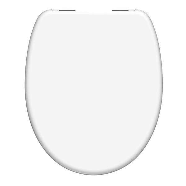Weißer WC-Sitz mit ovalem Deckel und sichtbaren Scharnieren.