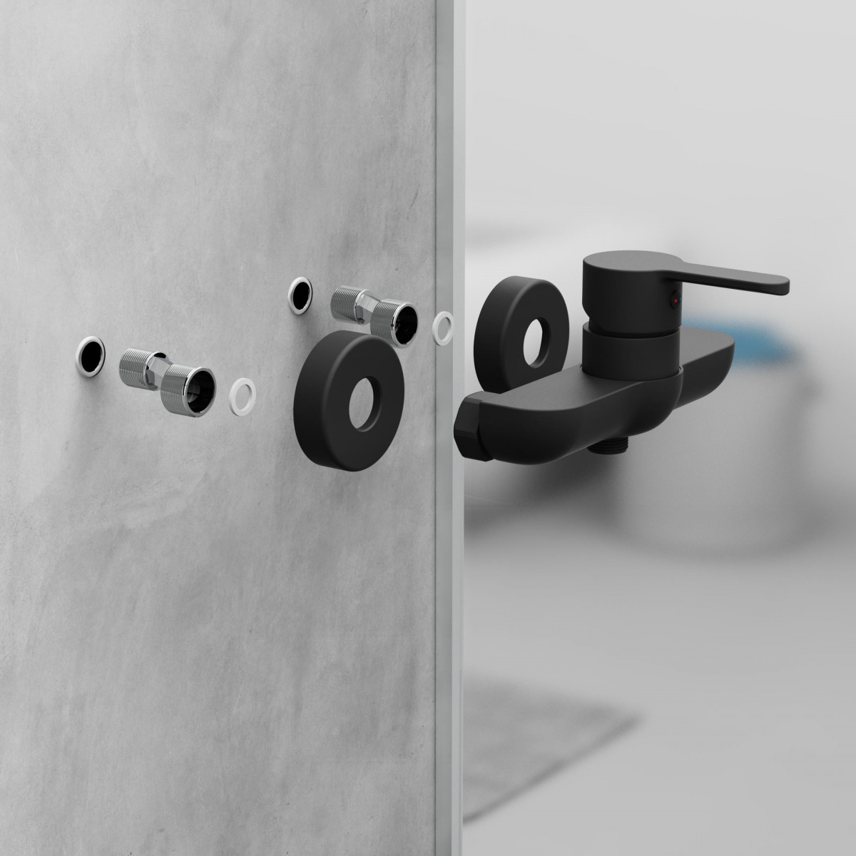 Schwarze Wandarmatur mit Einhebelmischer und sichtbaren Anschlussgewinden vor grauer Wand.