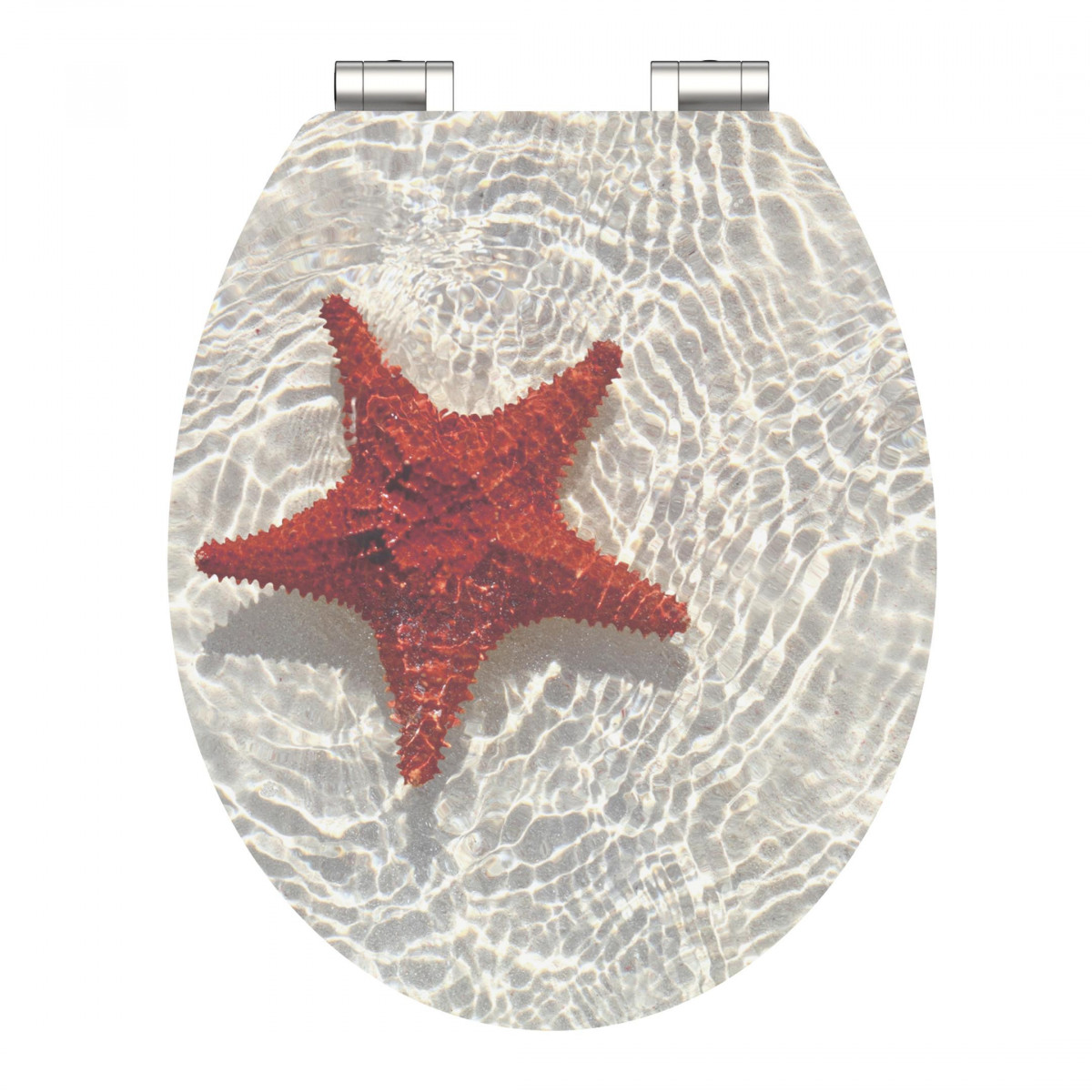 Transparenter Toilettendeckel mit rotem Seesternmotiv und zwei Metallscharnieren.