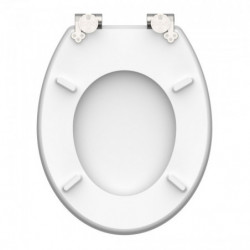 Unterseite eines weißen WC-Sitzes mit zwei Scharnieren und vier länglichen Puffern.