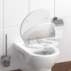 Weißer Toilettensitz und Deckel in mehreren transparenten Öffnungspositionen auf einem WC.