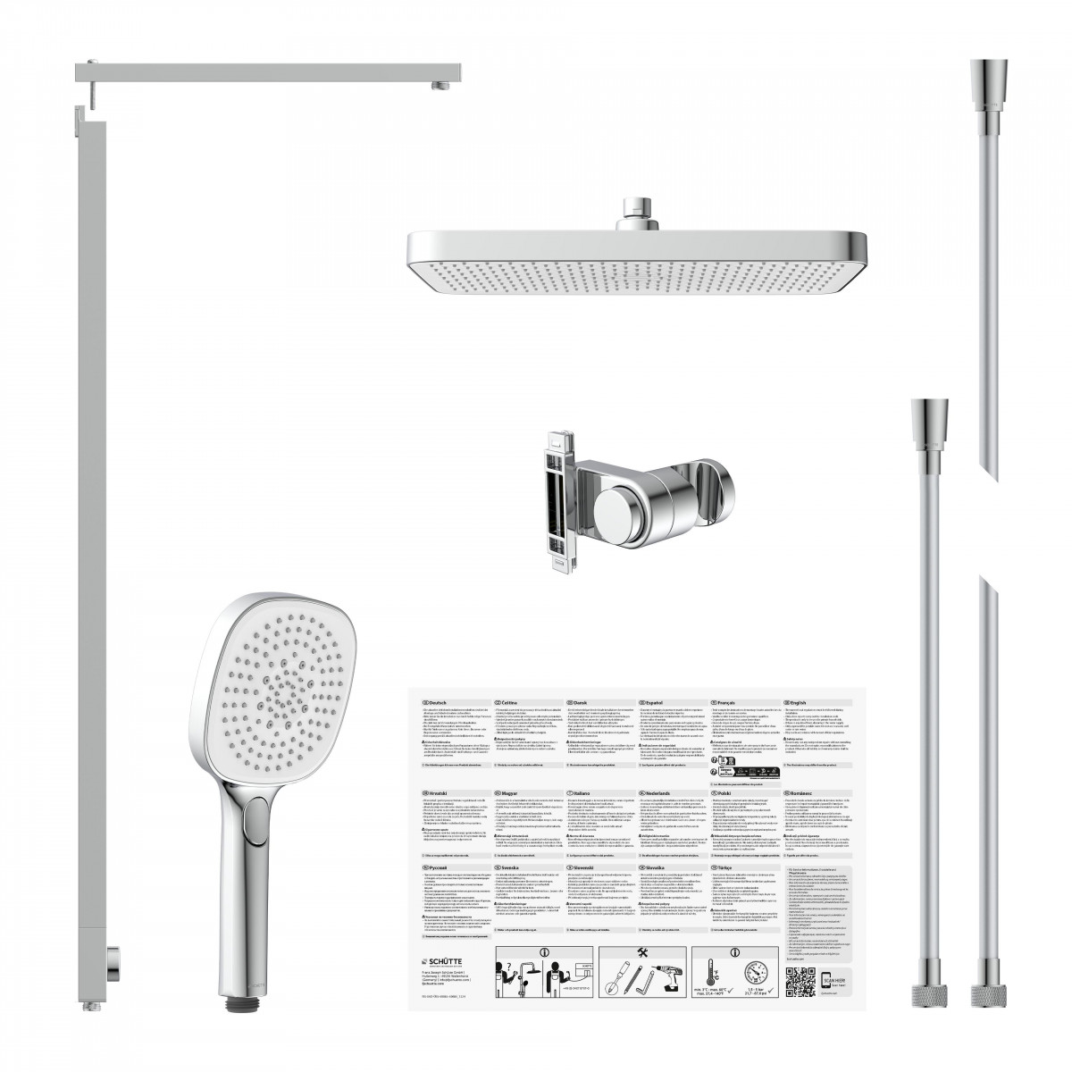 Duschset mit eckiger Kopfbrause, Handbrause, Schlauch und Wandhalterung in Chrom