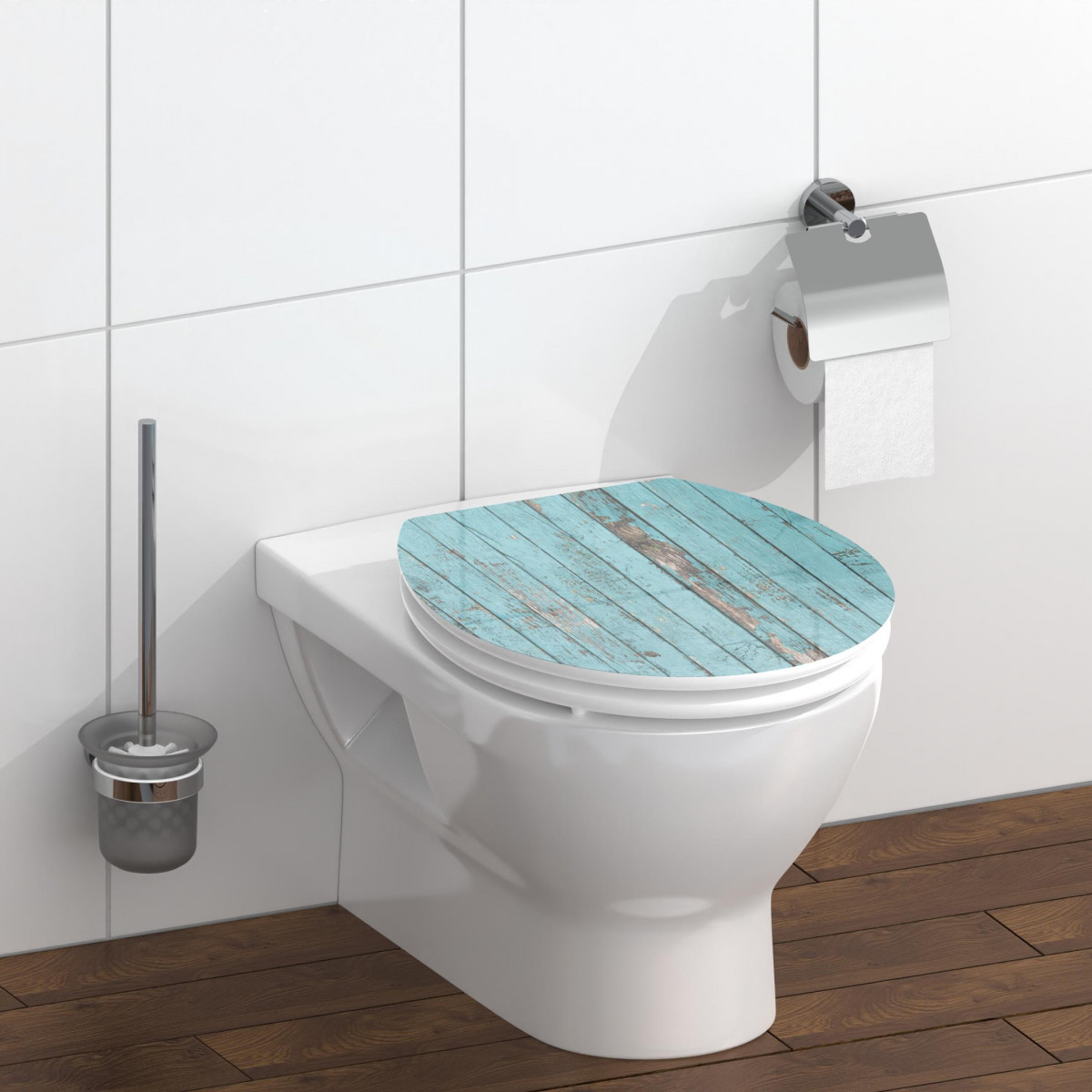 Geschlossener WC-Sitz mit türkisfarbenem Holzplankenmuster auf weißem WC im Bad.