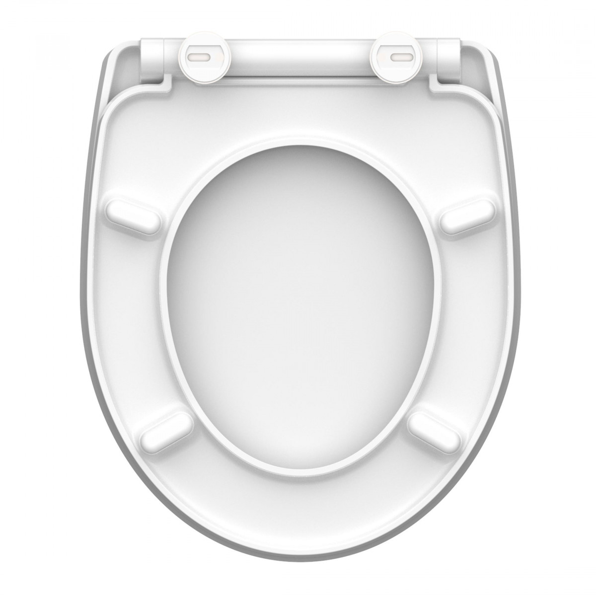 Unterseite eines weißen WC-Sitzes mit Scharnieren und Abstandspuffern